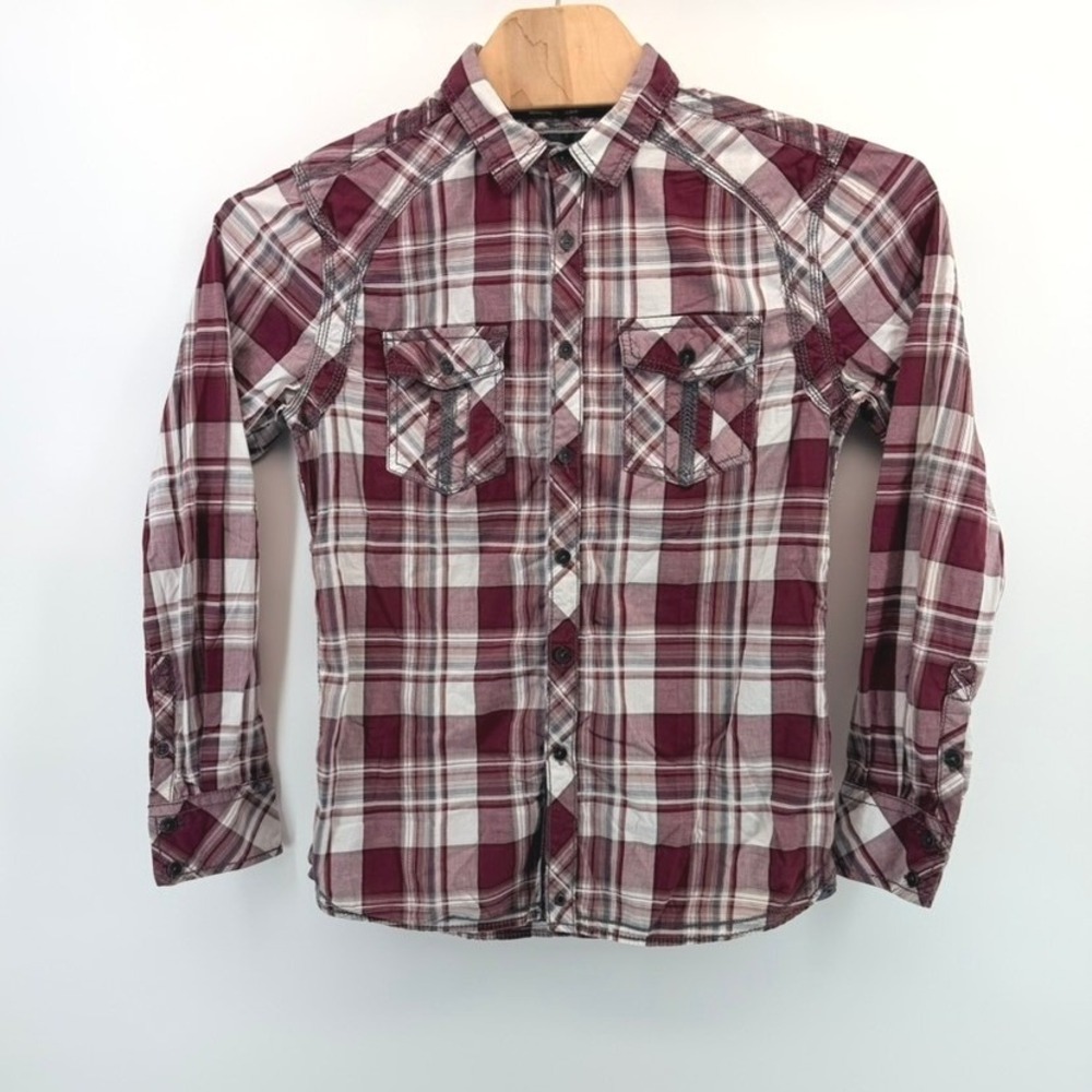 Buckle Black No. 48 Mens Tailored Fit Plaid Button Down Shirt Burgundy White M
